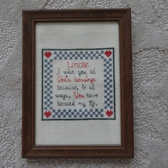 Cross Stitch Picture for Uncle Blessing Framed Vintage 5.5" x 7.75" Hearts - Picture 2 of 5